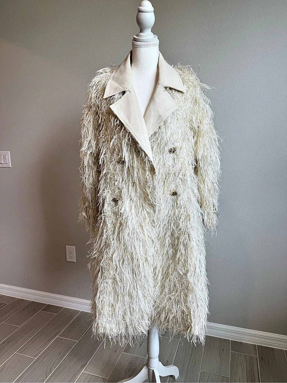 Ivory Shaggy Fringe Belted Coat with Gold-Tone Buttons